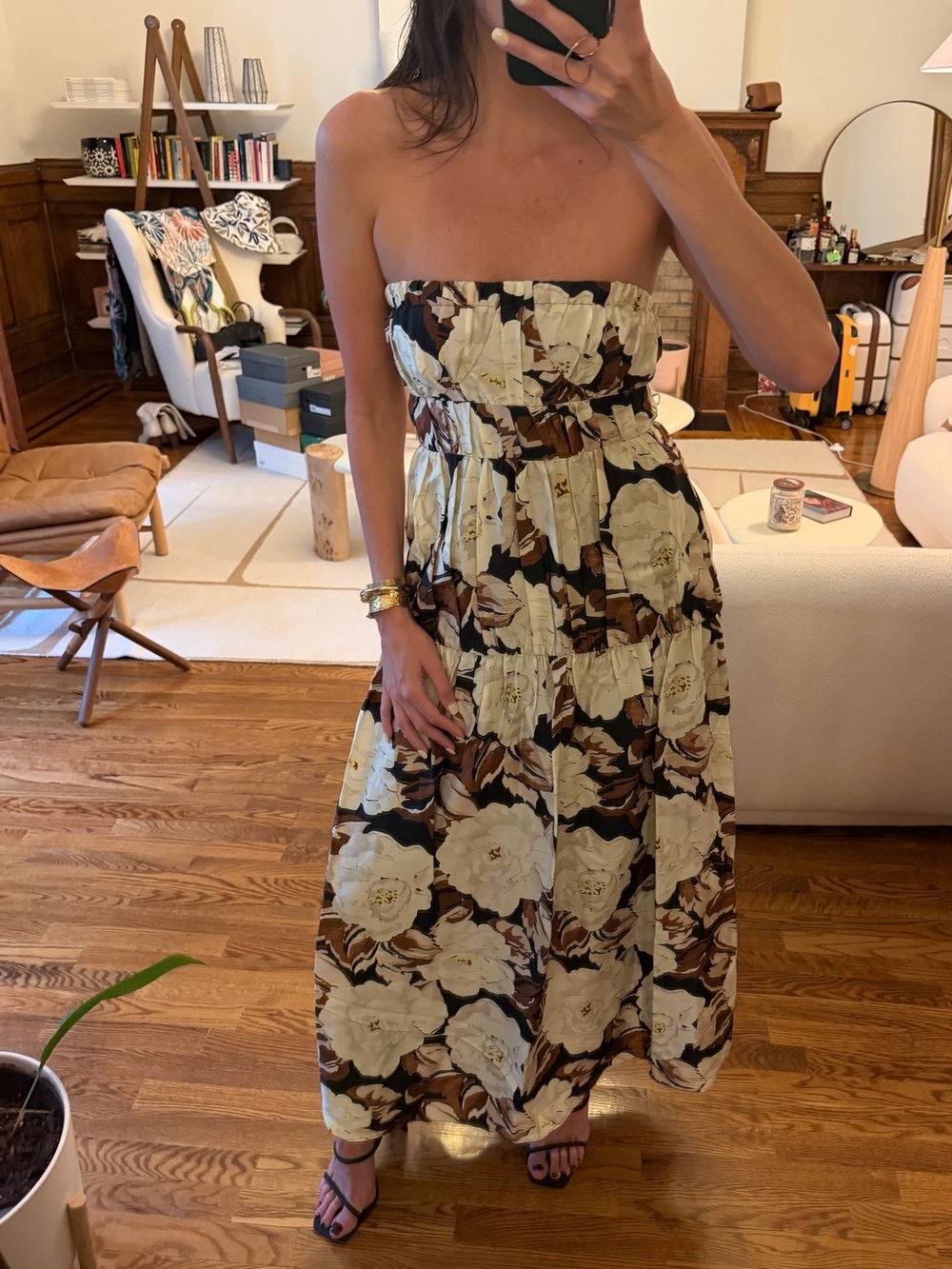 SIR the label Strapless Floral Maxi Dress in Black, Cream and Brown - Size US 4
